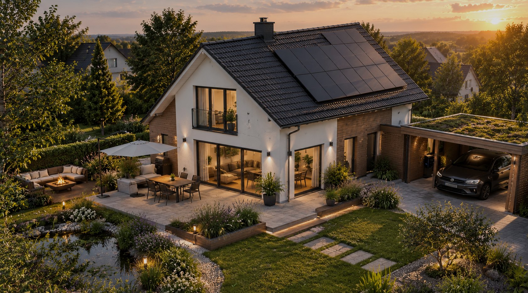Modernes Einfamilienhaus mit solar0 Photovoltaik-Anlage, Wärmepumpe, Stromspeicher und Wallbox im Abendlicht